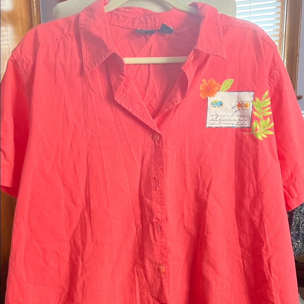 Bright Coral Button-Up Shirt with Floral Patch